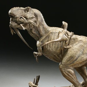 T-Rex Vs. Velociraptors Faux-Bronze